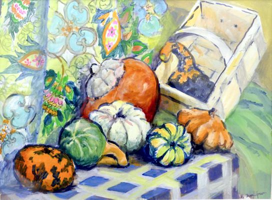 'Autumn Harvest of Gourds' by Brenda Thompson - Acrylic.