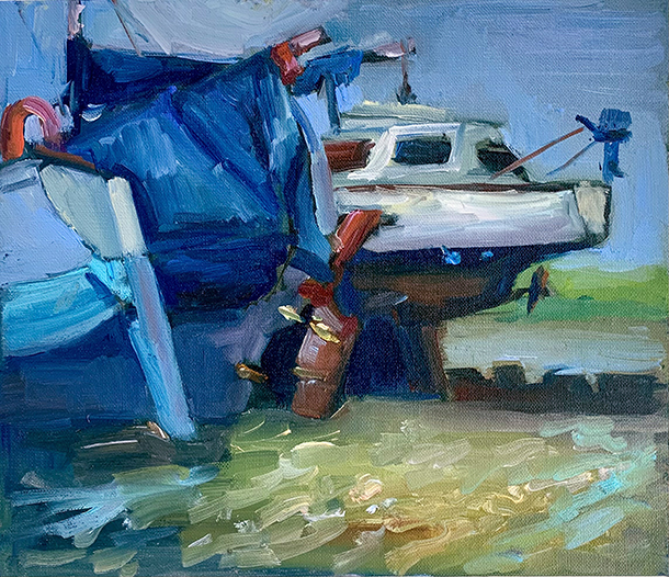 Blue boats in Maldon 2022 - Oil - 21x16 cm